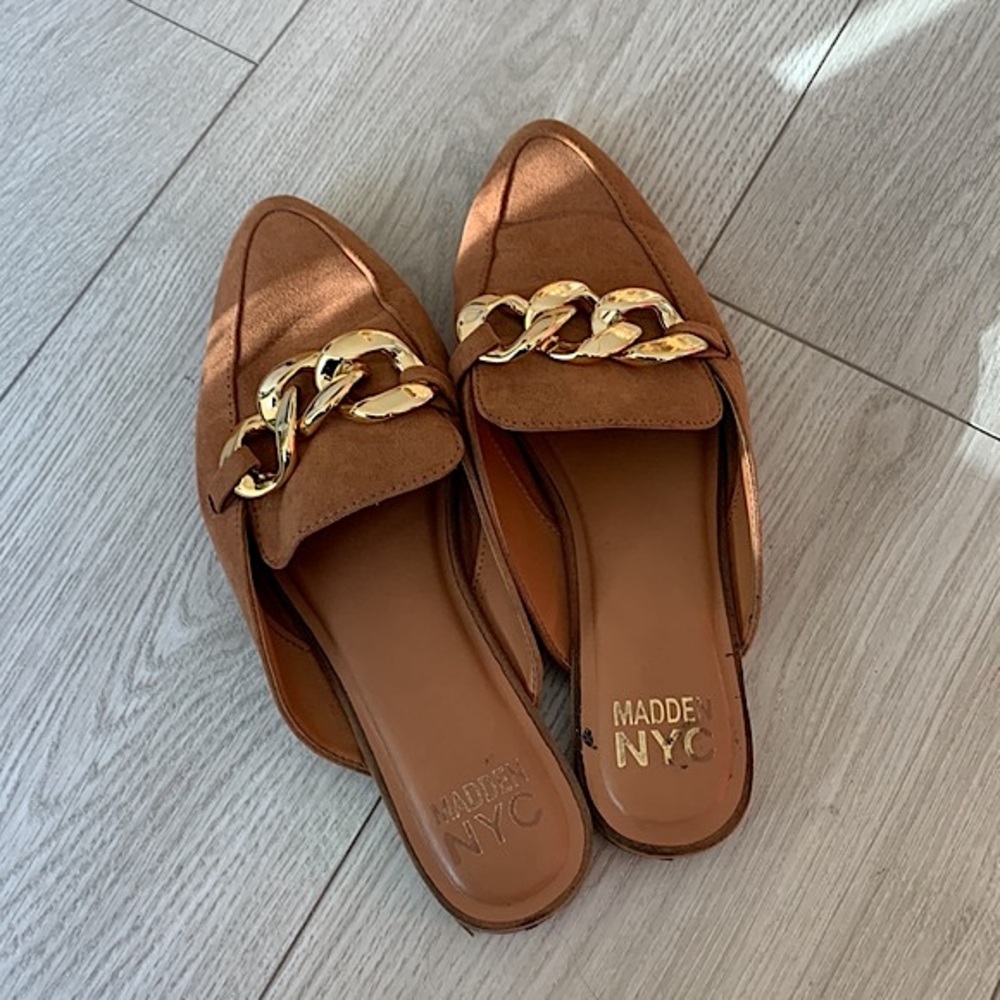 MADDEN NYC Mules Brown Gold Chain Summer Shoes Camel Backless Sz 8